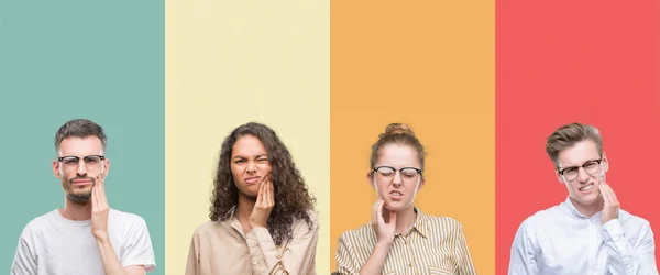 Colagem Grupo Pessoas Isoladas Sobre Fundo Colorido Tocando Boca Com — Fotografia de Stock