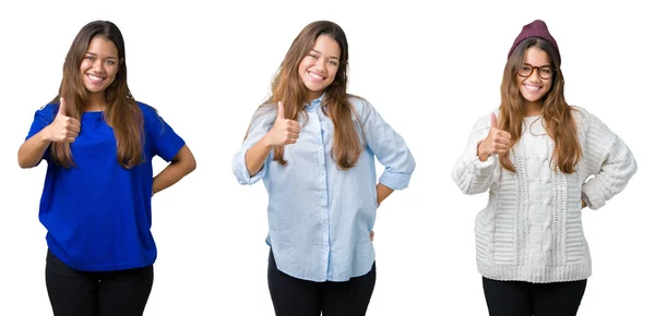 Collage Einer Schönen Jungen Frau Vor Isoliertem Hintergrund Die Fröhlich — Stockfoto