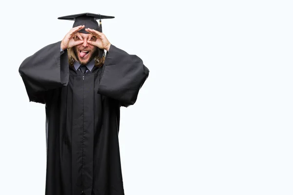 Joven Hombre Apuesto Graduado Con Pelo Largo Sobre Fondo Aislado —  Fotos de Stock