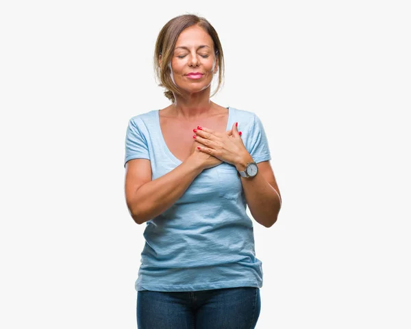 Middelbare Leeftijd Senior Latino Vrouw Geïsoleerde Achtergrond Glimlachend Met Handen — Stockfoto