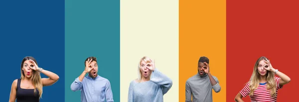 Collage Grupo Jóvenes Sobre Fondo Aislado Vintage Colorido Haciendo Buen —  Fotos de Stock