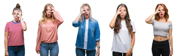 Collage Einer Jungen Schönen Gruppe Von Frauen Vor Isoliertem Hintergrund — Stockfoto