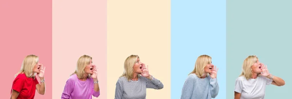 Collage Sénior Âge Moyen Belle Femme Sur Des Rayures Colorées — Photo