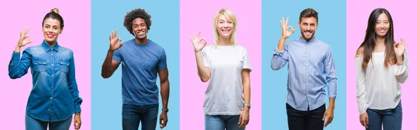 Collage Van Groep Casual Jongeren Kleurrijke Geïsoleerde Achtergrond Glimlachend Positieve — Stockfoto