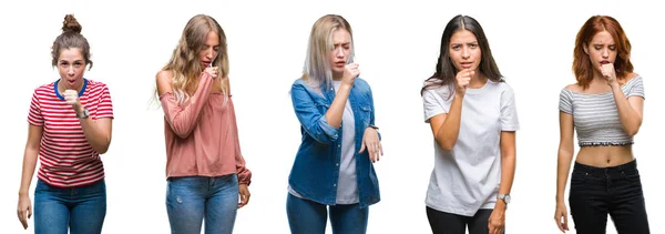 Collage Junger Schöner Frauen Mit Isoliertem Hintergrund Die Sich Unwohl — Stockfoto