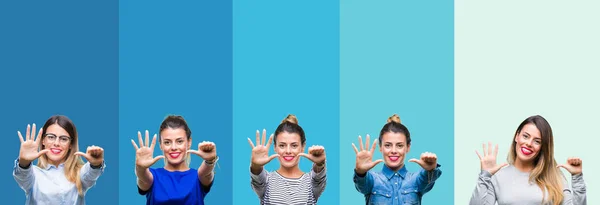 Collage Von Jungen Schönen Frau Über Blauen Streifen Isolierten Hintergrund — Stockfoto