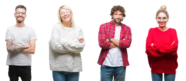 Collage Grupp Ungdomar Över Vit Isolerade Bakgrund Glada Ansikte Ler — Stockfoto