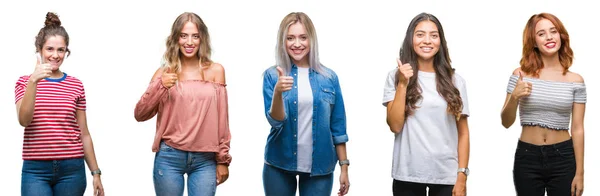 Collage Van Jonge Mooie Handgraap Van Vrouwen Geïsoleerde Achtergrond Gelukkig — Stockfoto