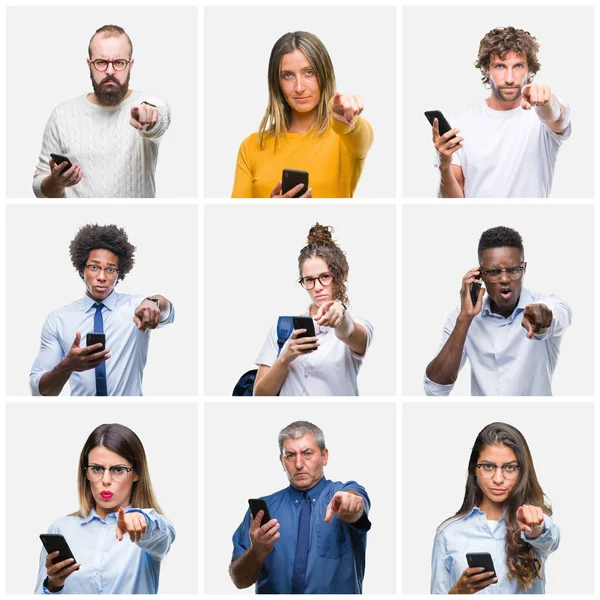 Collage Einer Gruppe Von Menschen Mit Smartphone Über Isoliertem Hintergrund — Stockfoto