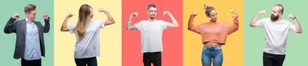 Collage Persone Gruppo Donne Uomini Sfondo Colorato Isolato Mostrando Muscoli — Foto Stock