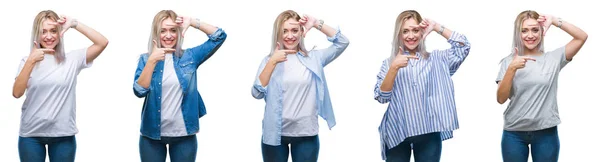 Collage Einer Schönen Blonden Jungen Frau Vor Isoliertem Hintergrund Die — Stockfoto