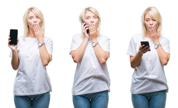 Collage Hermosa Mujer Rubia Usando Teléfono Inteligente Sobre Aislado Fondo —  Fotos de Stock