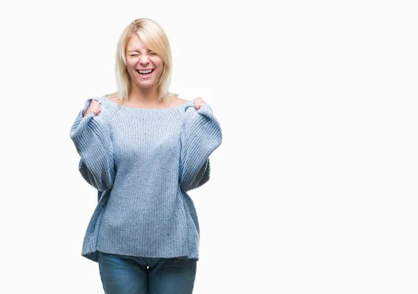 Junge Schöne Blonde Frau Winterpullover Über Isoliertem Hintergrund Aufgeregt Für — Stockfoto