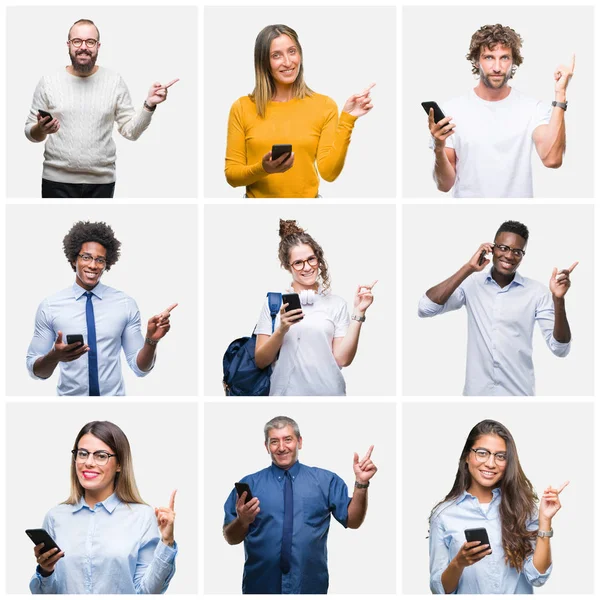 Collage of group of people using smartphone over isolated background very happy pointing with hand and finger to the side