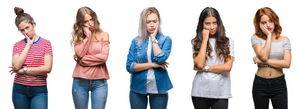 Collage Young Beautiful Grop Women Isolated Background Thinking Looking Tired — Stock Photo, Image