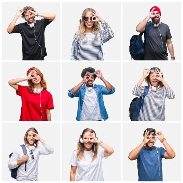 Collage Van Groep Mensen Dragen Rugzak Koptelefoon Geïsoleerde Achtergrond Doen — Stockfoto