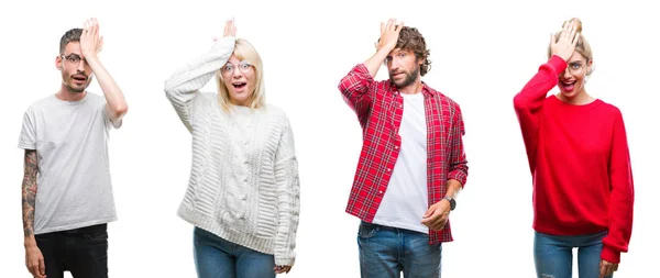 Collage Groupe Jeunes Sur Fond Blanc Isolé Surpris Avec Main — Photo