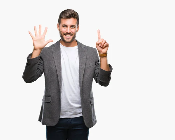 Joven Hombre Negocios Guapo Sobre Fondo Aislado Mostrando Apuntando Hacia — Foto de Stock