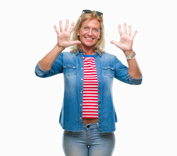 Middle Age Blonde Woman Isolated Background Showing Pointing Fingers Number — Stock Photo, Image