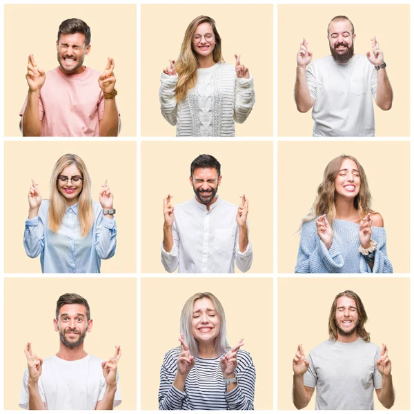 Collage Persone Gruppo Donne Uomini Sfondo Colorato Giallo Isolato Sorridente — Foto Stock