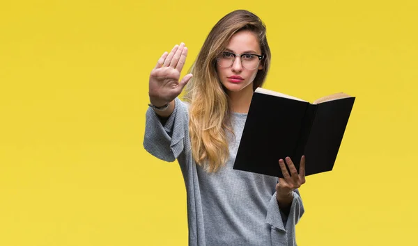 Young Beautiful Blonde Woman Reading Book Isolated Background Open Hand — Stock Photo, Image