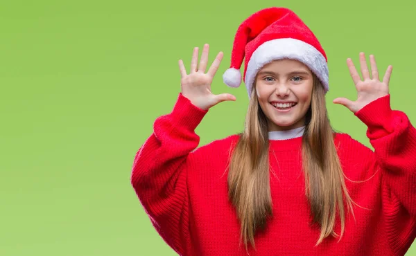 Genç Güzel Kız Giyen Noel Şapka Gösterilen Parmakları Ile Işaret — Stok fotoğraf