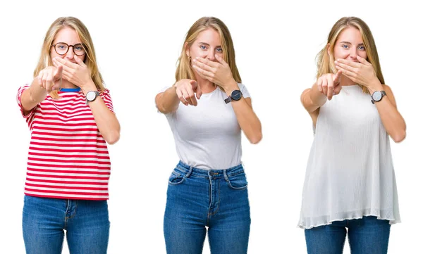 Collage Beautiful Blonde Woman White Isolated Background Laughing You Pointing — Stock Photo, Image