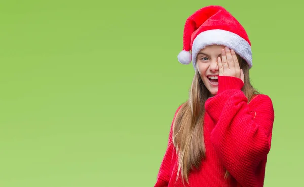 Joven Hermosa Chica Con Sombrero Navidad Sobre Fondo Aislado Que — Foto de Stock
