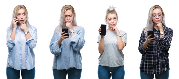拼贴美丽的金发年轻女子使用智能手机在孤立的背景严重的脸思考问题 非常混乱的想法 — 图库照片