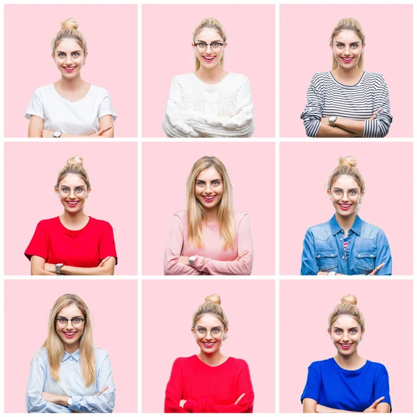 Colagem Jovem Bela Mulher Loira Sobre Rosa Isolado Fundo Feliz — Fotografia de Stock