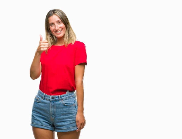 Jeune Belle Femme Sur Fond Isolé Faisant Des Pouces Heureux — Photo