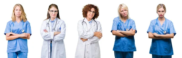 Collage Group Professional Doctor Women White Isolated Background Skeptic Nervous — Stock Photo, Image