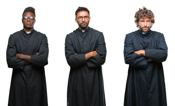 Collage Hombres Sacerdotes Cristianos Sobre Fondo Aislado Escéptico Nervioso Desaprobando —  Fotos de Stock