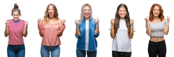 Collage Von Jungen Schönen Frauen Vor Isoliertem Hintergrund Die Mit — Stockfoto