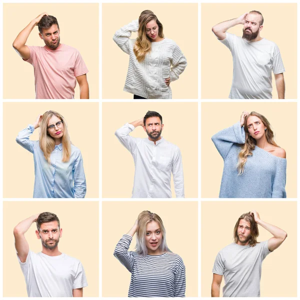 Collage Grupp Människor Kvinnor Och Män Över Färgglada Gul Isolerade — Stockfoto
