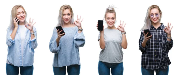 Collage Hermosa Mujer Joven Rubia Utilizando Teléfono Inteligente Sobre Fondo —  Fotos de Stock