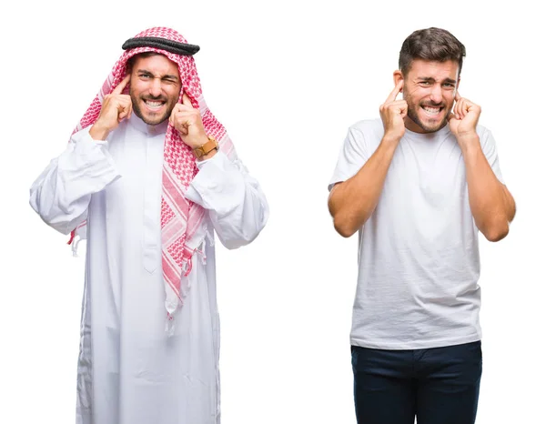 ハンサムな若い男と大声で音楽の音の腹が立つ式の指を使って耳をカバー分離の背景上のアラブ人のコラージュ 聴覚障害者の概念 — ストック写真