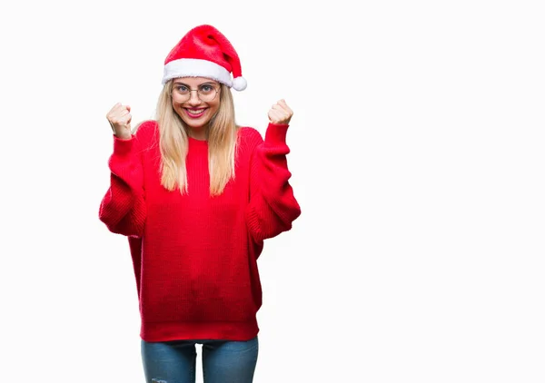 Jonge Mooie Blonde Vrouw Met Kerst Hoed Geïsoleerde Achtergrond Vieren — Stockfoto
