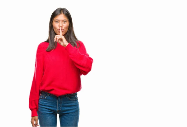 Jonge Aziatische Vrouw Winter Trui Dragen Geïsoleerde Achtergrond Vragen Stil — Stockfoto