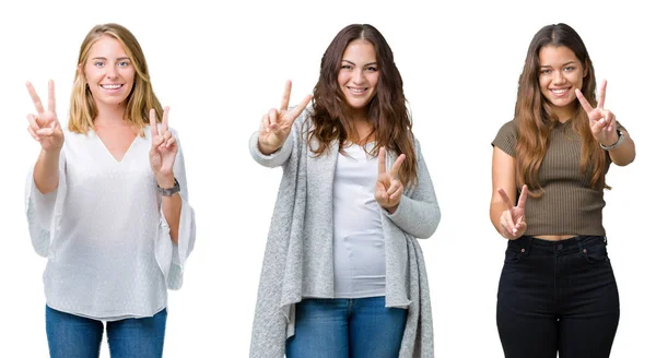 Collage Van Groep Van Drie Jonge Mooie Vrouwen Witte Geïsoleerde — Stockfoto