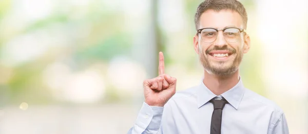 Young Business Man Surprised Idea Question Pointing Finger Happy Face — Stock Photo, Image