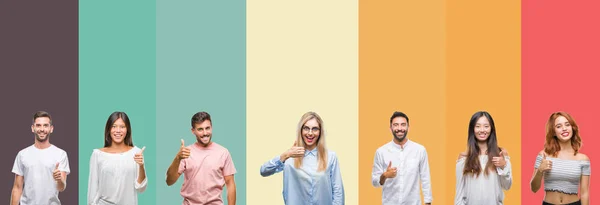 Collage Diferentes Etnias Jóvenes Sobre Rayas Colores Fondo Aislado Haciendo —  Fotos de Stock
