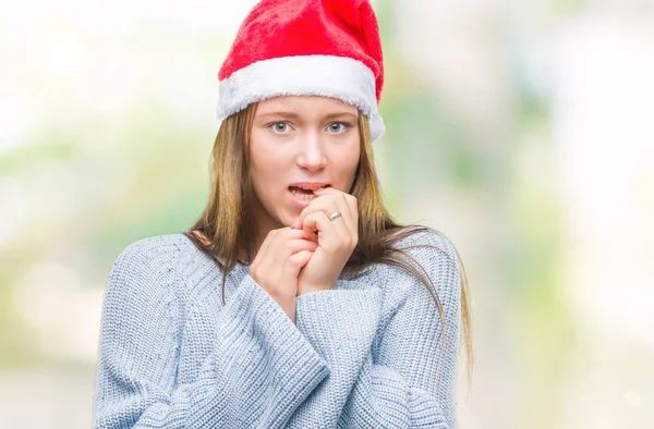Mooie Kaukasische Jongedame Kerstmuts Dragen Geïsoleerde Achtergrond Zoek Gestresst Nerveus — Stockfoto