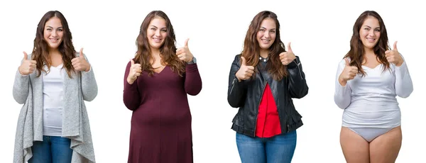 Collage Van Mooie Grootte Vrouw Geïsoleerde Achtergrond Succes Teken Doen — Stockfoto