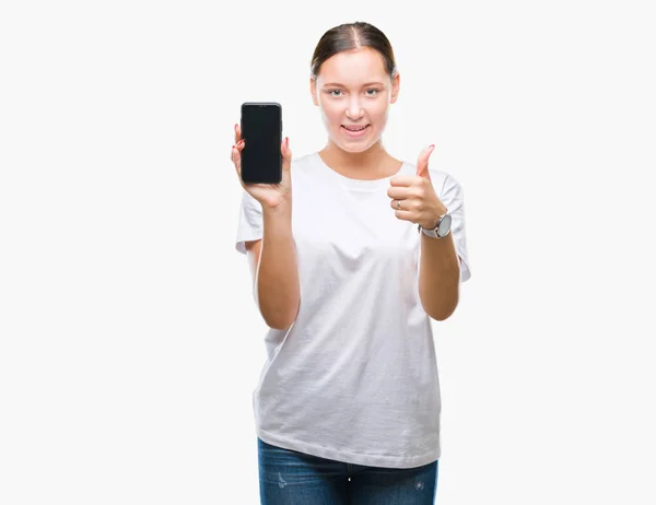 Joven Hermosa Mujer Caucásica Que Muestra Pantalla Del Teléfono Inteligente —  Fotos de Stock