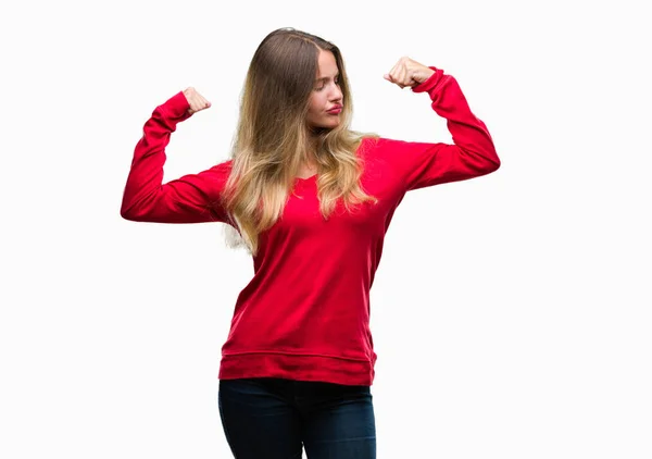 Jonge Mooie Blonde Vrouw Dragen Rode Trui Geïsoleerde Achtergrond Armen — Stockfoto