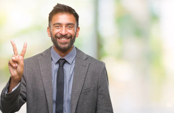 Homem Negócios Hispânico Adulto Sobre Fundo Isolado Sorrindo Com Rosto — Fotografia de Stock