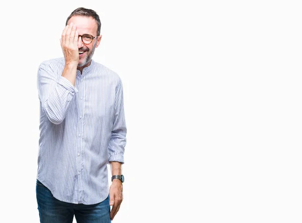 Hombre Mayor Edad Mediana Con Gafas Sobre Fondo Aislado Que —  Fotos de Stock