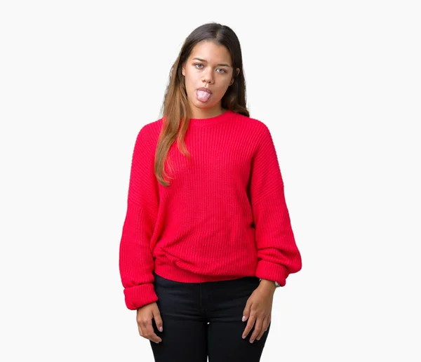 Μελαχρινή Νεαρή Όμορφη Γυναίκα Φοράει Κόκκινο Χειμώνα Πουλόβερ Πέρα Από — Φωτογραφία Αρχείου