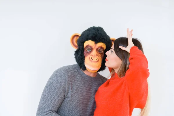 Funny Young Couple Boyfriend Wearing Monkey Mask Crazy Idiot Relationship — Stock Photo, Image
